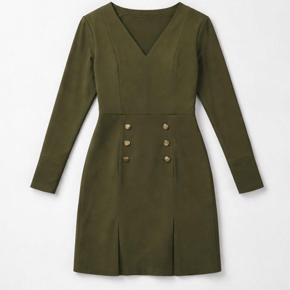 Shoshanna Olive Green long sleeve V-neck dress with button details size 6 EUC